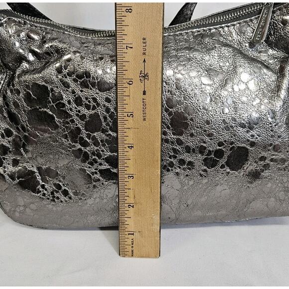 Michael Kors Silver Metallic Textured Patent Leather Logo Charm Shoulder Bag - Picture 10 of 15